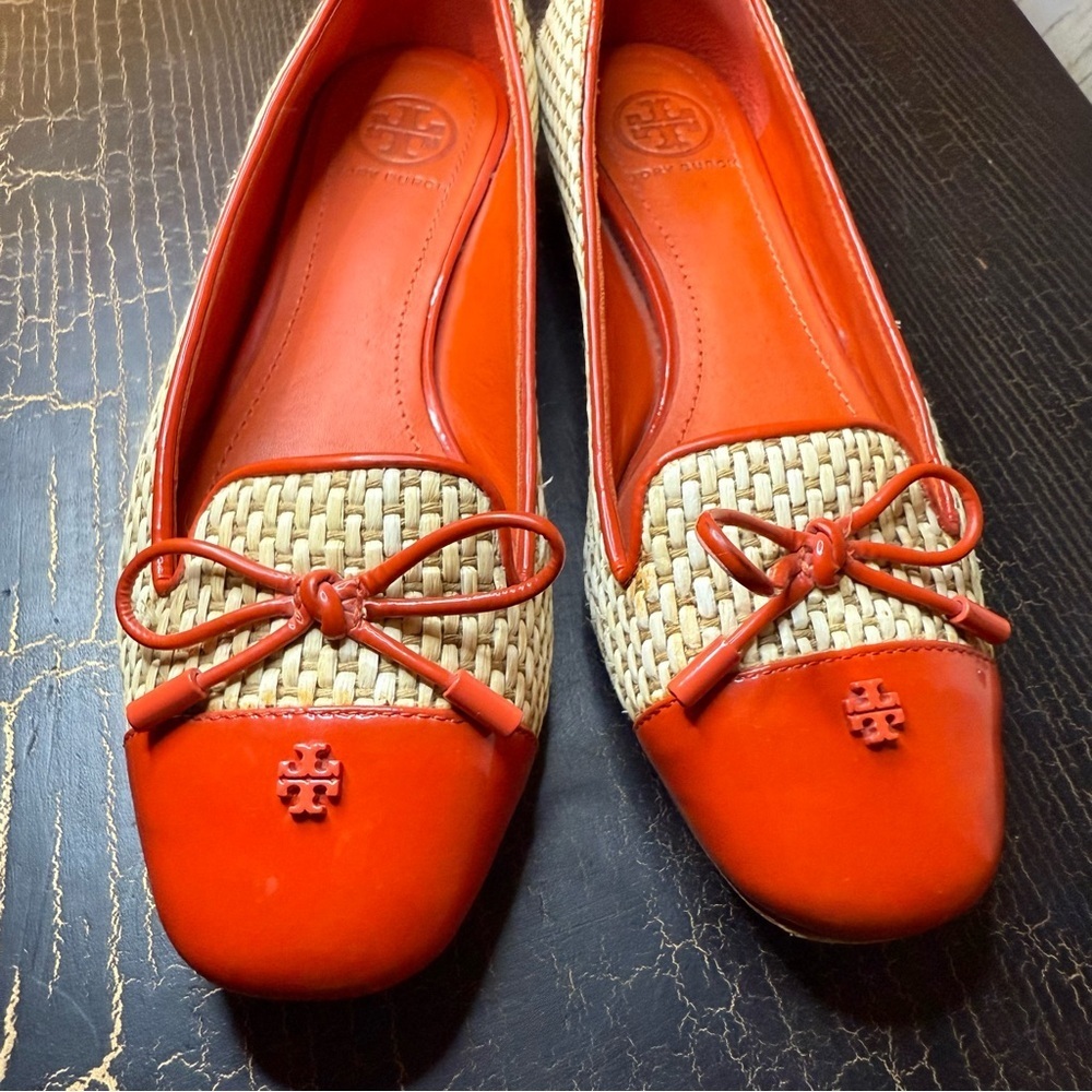TORY BURCH Catherine orange patent with raffia smoking slippers flats shoes 5